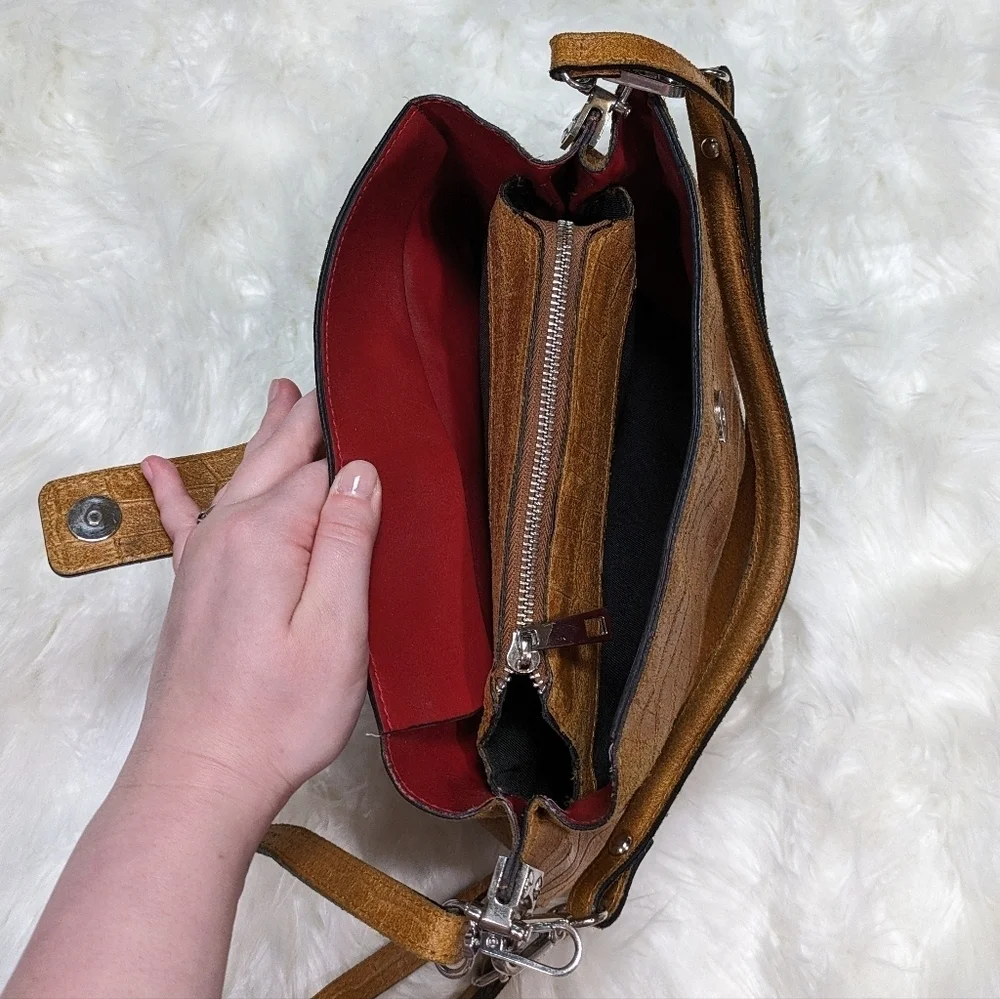Chiara Ferretti Italian Leather Croc Embossed Cognac Brown Convertible‎ Bag